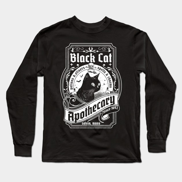 Black Cat Apothecary - Salem 1692 Retro Vintage Halloween Long Sleeve T-Shirt by OrangeMonkeyArt